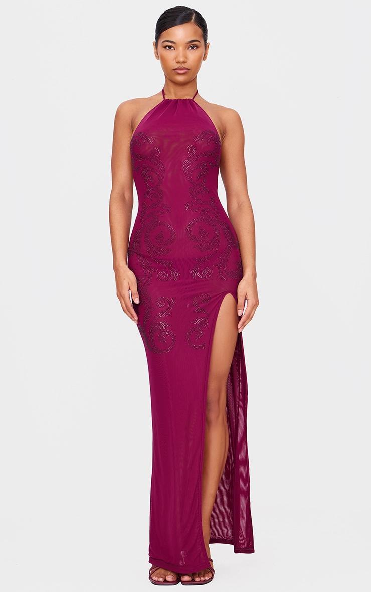 Wine Lined Mesh Diamante Detail Split Maxi Dress Product Image
