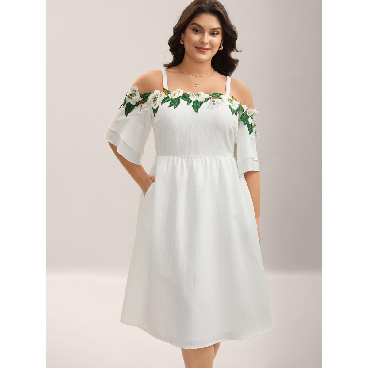 Plus Size Floral Lace Off-Shoulder Adjustable Midi Dress Originalwhite Women Non Sleeveless Curvy BloomChic 14-16/1X Product Image