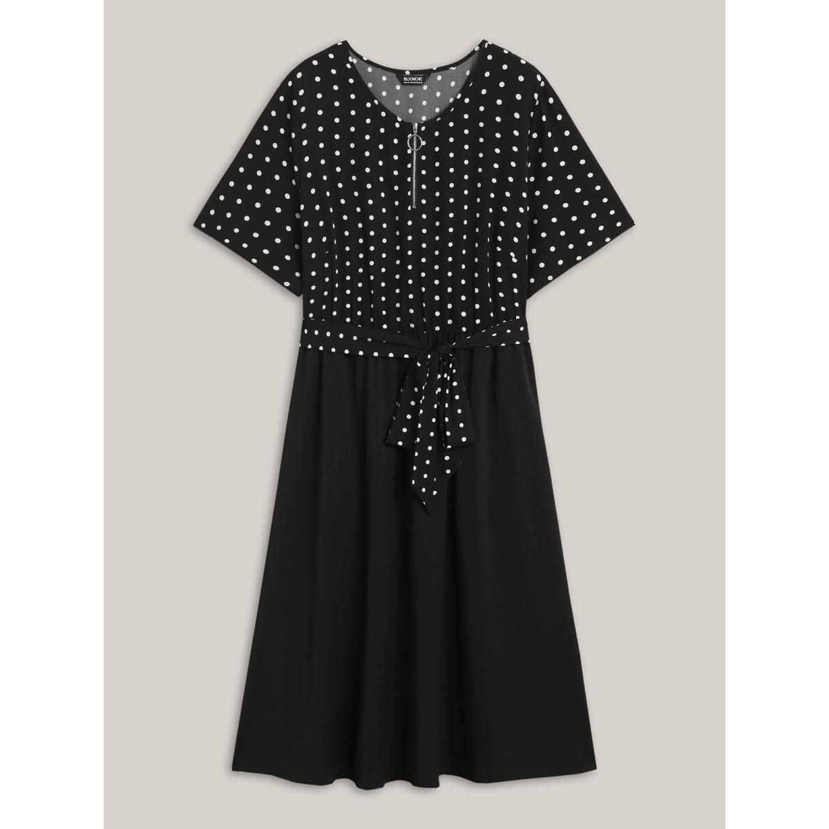 Plus Size Polka Dot Print Half Zipper Midi Dress BlackFlower Women Round Neck Short sleeve Curvy BloomChic 30/6X Product Image