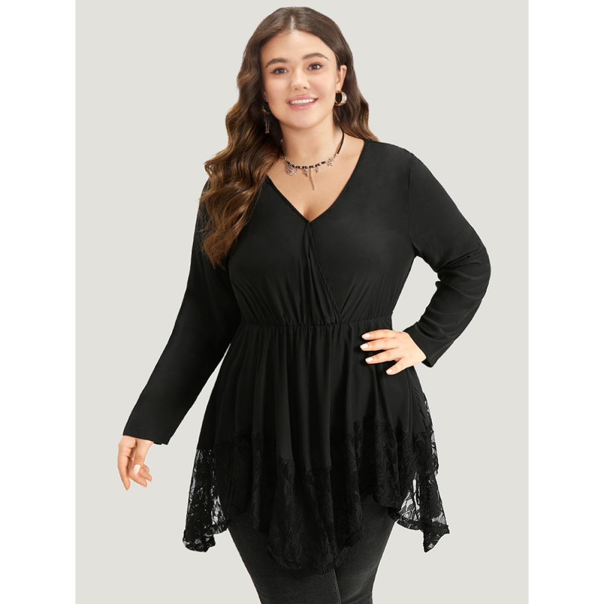 Plus Size Black Halloween Plain Lace Asymmetrical Hem Blouse Women Elegant Long Sleeve V-neck Dailywear Blouses BloomChic 26/4X Product Image