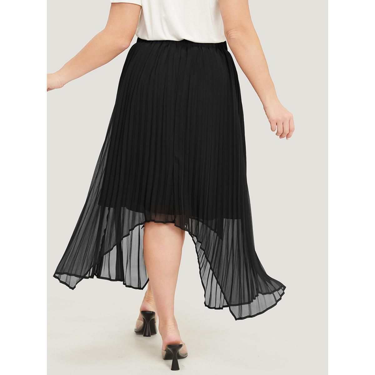 Plus Size Solid Mesh Pleated Detail Hanky Hem Skirt Women Black Elegant See through No stretch Dailywear Skirts BloomChic 28/5X Product Image