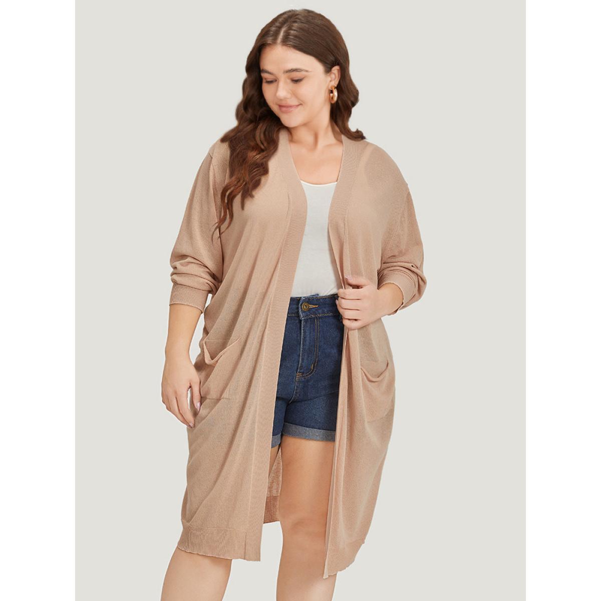 Plus Size Solid Patched Pocket Open Front Breathable Maxi Cardigan Apricot Women Casual Loose Long Sleeve Everyday Cardigans BloomChic 14-16/1X Product Image