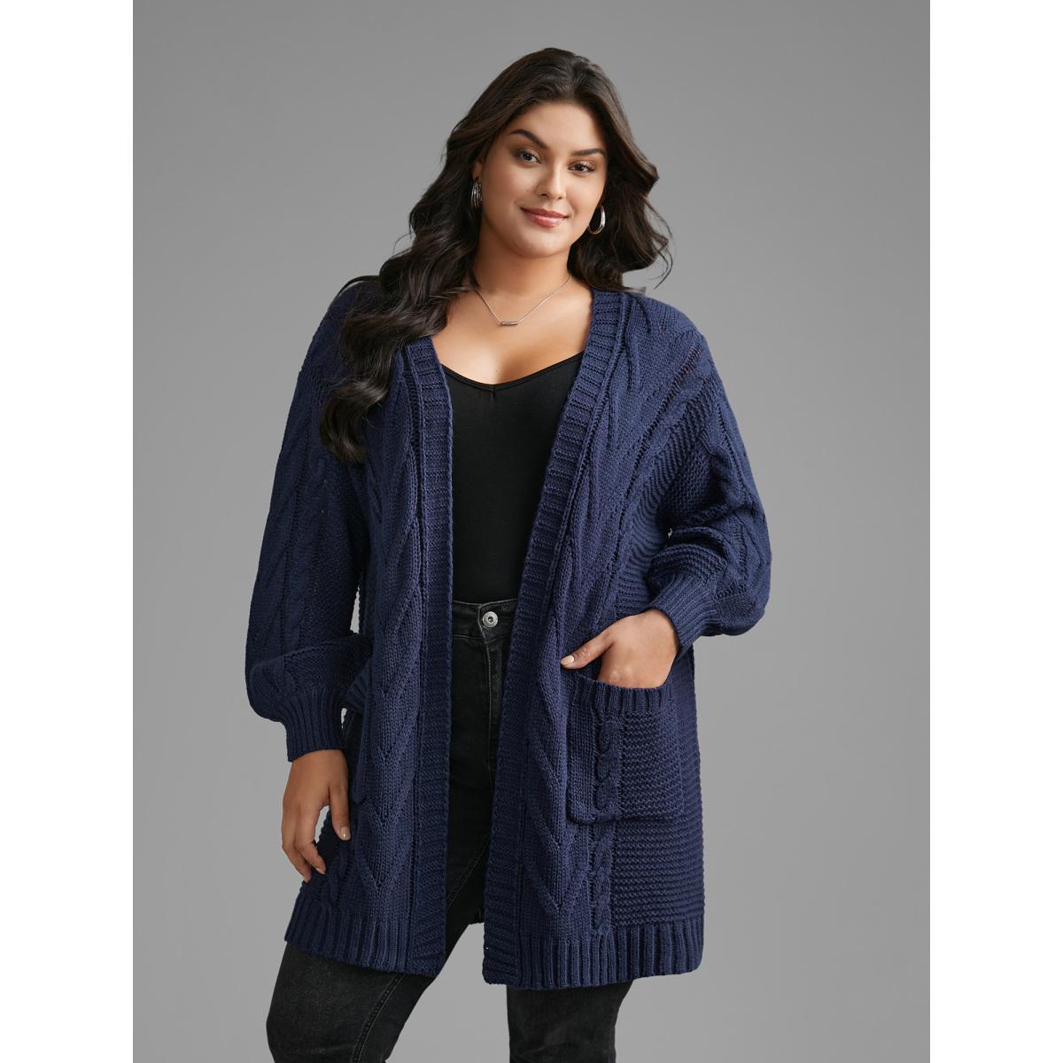 Plus Size Texture Cable Knit Patched Pocket Cardigan Indigo Women Casual Long Sleeve Everyday Cardigans BloomChic 18-20/2X Product Image