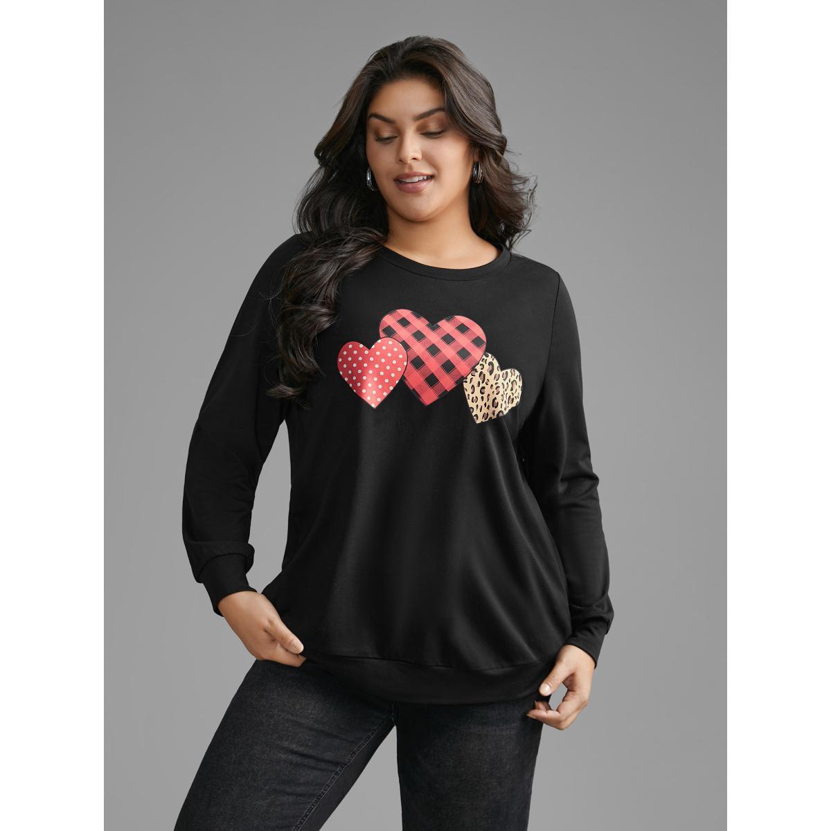Plus Size Crew Neck Heart Print Sweatshirt Women Black Casual Non Round Neck Everyday Sweatshirts BloomChic 28/5X Product Image