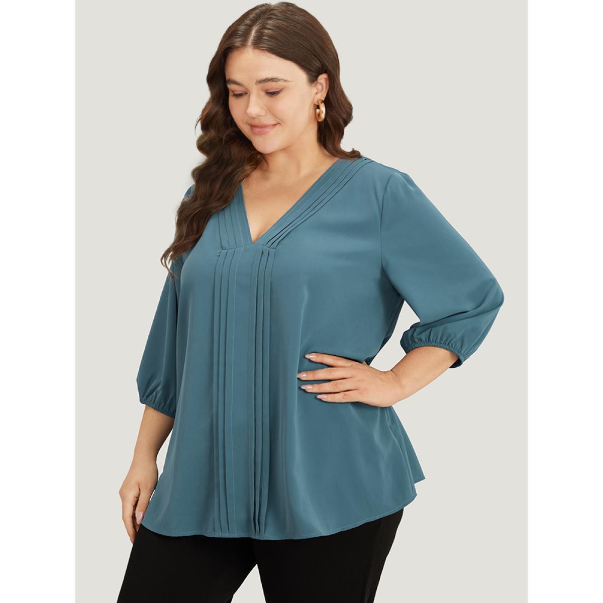 Plus Size Aegean Plain Pleated Detail Elastic Cuffs V Neck Blouse Women Office Elbow-length sleeve V-neck Work Blouses BloomChic 12/L Product Image