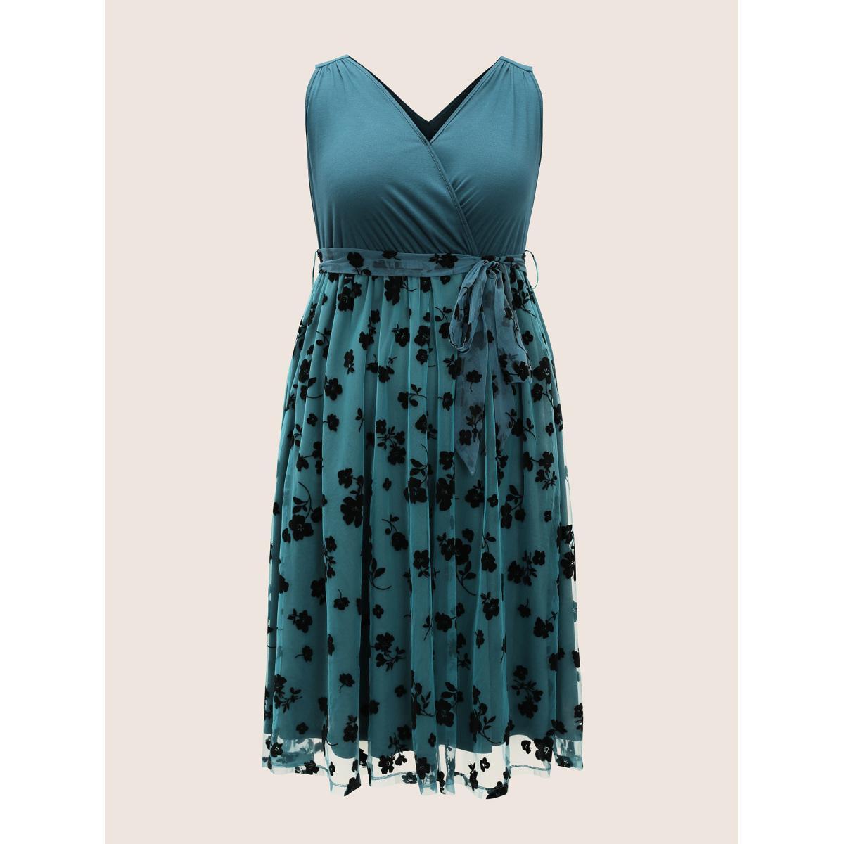 Plus Size Floral Mesh Patchwork Surplice Neck Tank Dress Cerulean Women Cocktail Non Overlap Collar Sleeveless Curvy Midi Dress BloomChic 26/4X Product Image