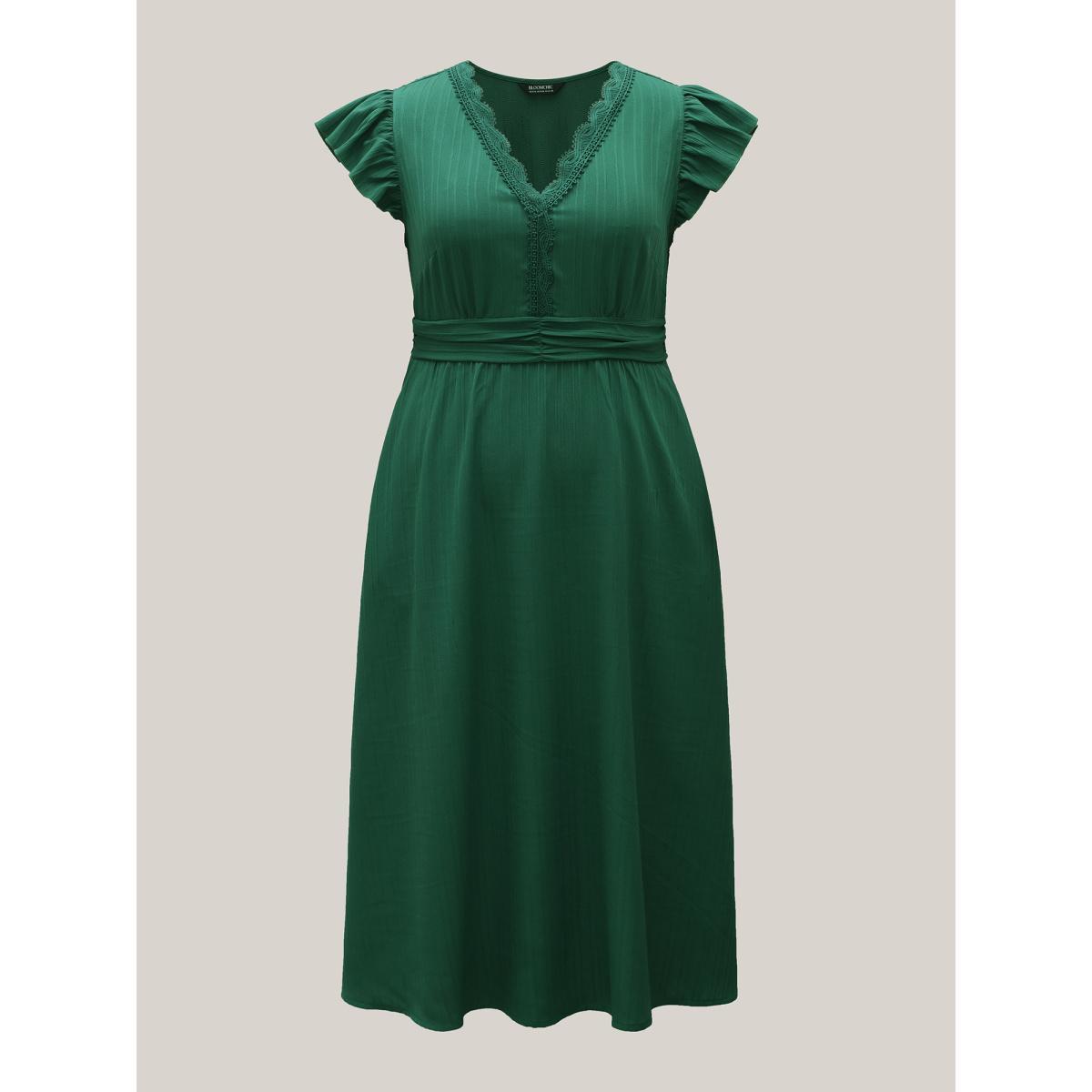 Plus Size Lace Trim Stitch Textured Waist-Defined Midi Dress Emerald Women Elegant Woven ribbon&lace trim V-neck Cap Sleeve Curvy BloomChic 12/L Product Image
