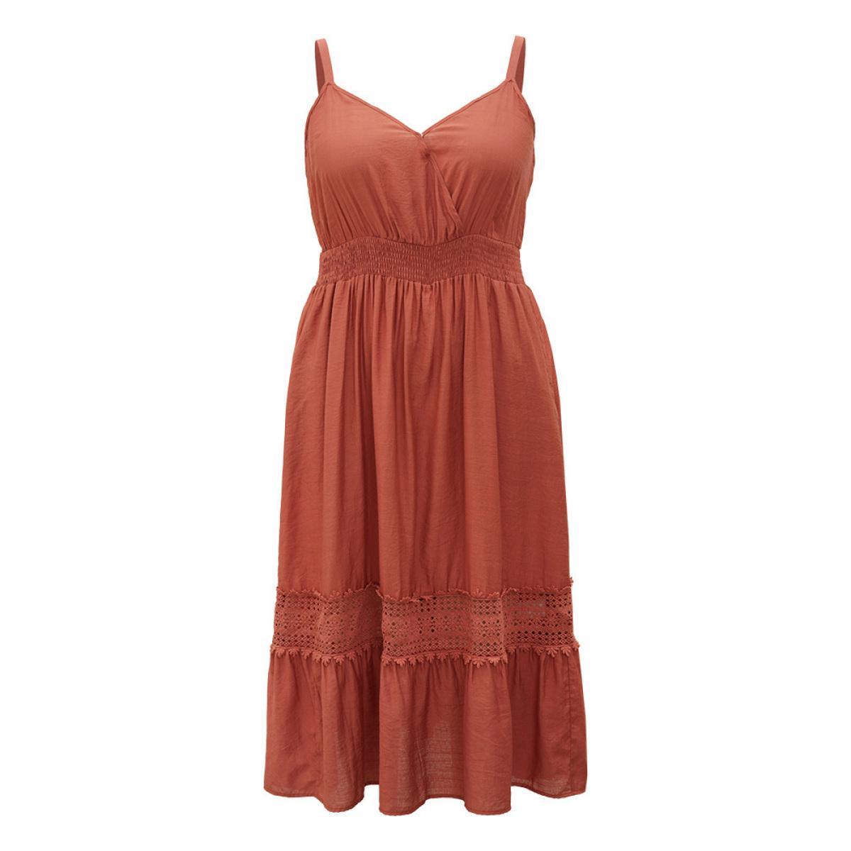 Plus Size Solid Crochet Lace Gathered Wrap Shirred Cami Dress Russet Women Vacation Patchwork V-neck Sleeveless Curvy Long Dress BloomChic 28/5X Product Image