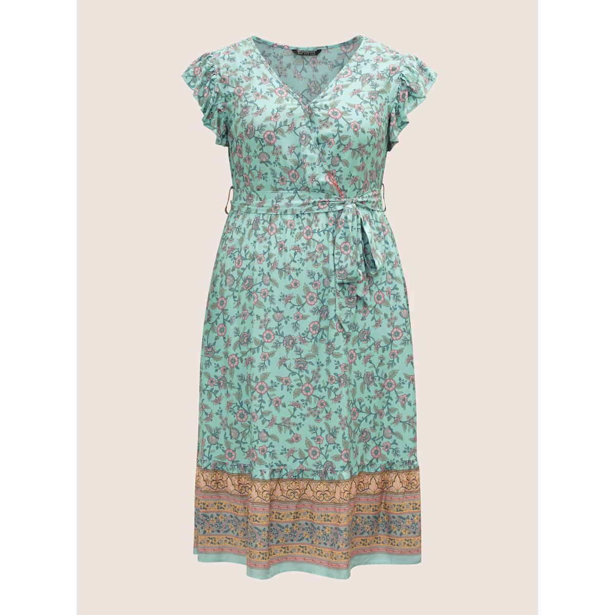 Plus Size Bandana Ruffles Wrap Elastic Waist Belted Dress Turquoise Women Resort Non Overlap Collar Sleeveless Curvy Midi Dress BloomChic 12/L Product Image
