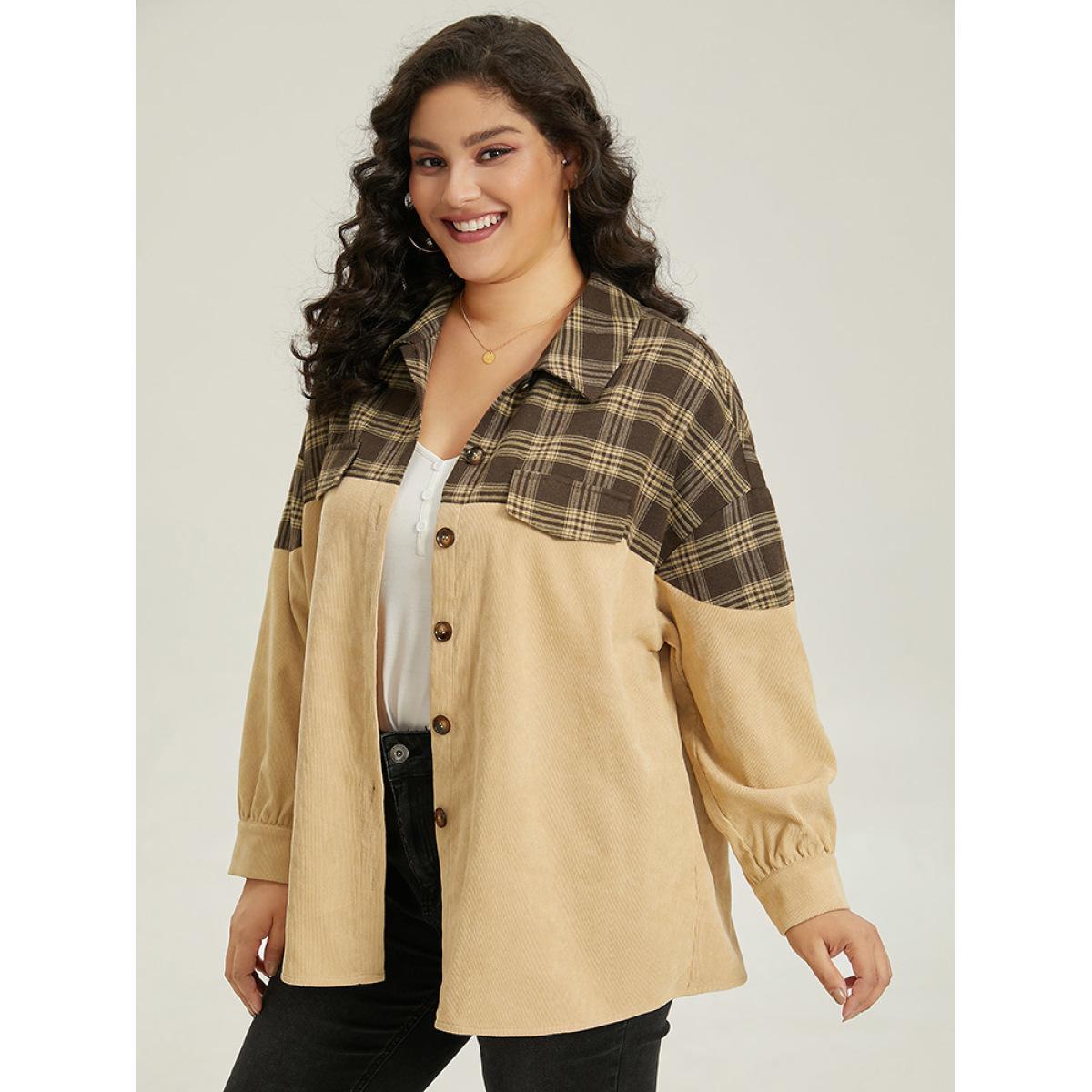Plus Size Plaid Button Through Patchwork Contrast Jacket Women Tan Contrast Dailywear Jackets BloomChic 10/M Product Image
