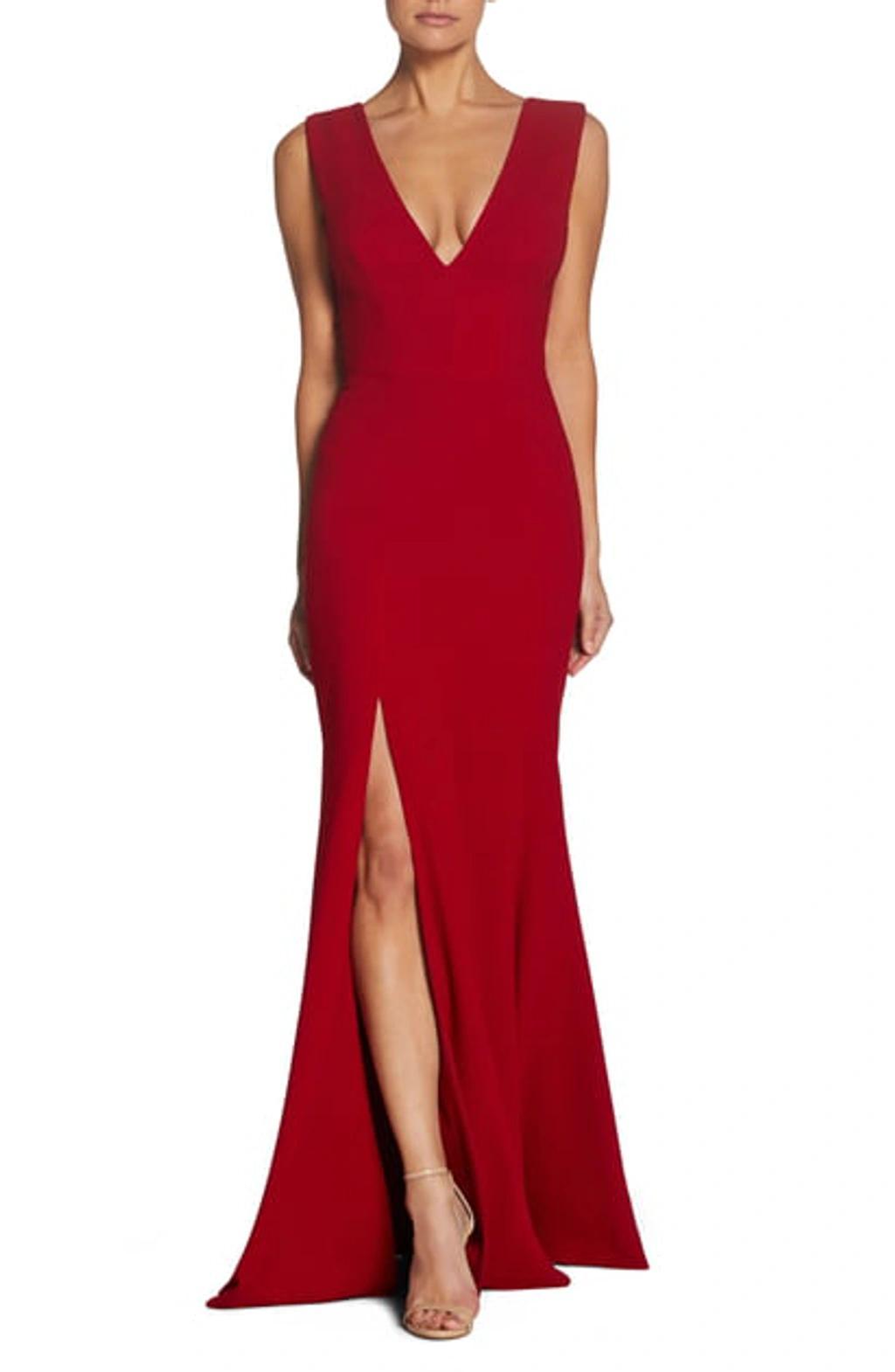 Dress the Population Sandra Crepe Plunge V-Neck Sleeveless Side Slit Gown Product Image