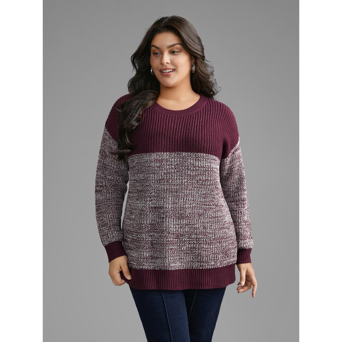 Plus Size Round Neck Heather Patchwork Pullover Deeppurple Women Casual Loose Long Sleeve Round Neck Everyday Pullovers BloomChic 22-24/3X Product Image