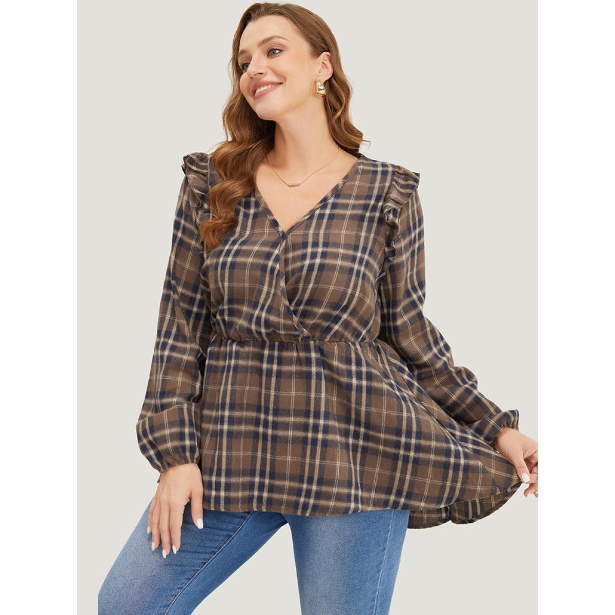 Plus Size DarkBrown Plaid Ruffles Trim Lantern Sleeve Asymmetrical Hem Wrap Blouse Women Elegant Long Sleeve V-neck Dailywear Blouses BloomChic 14-16/1X Product Image