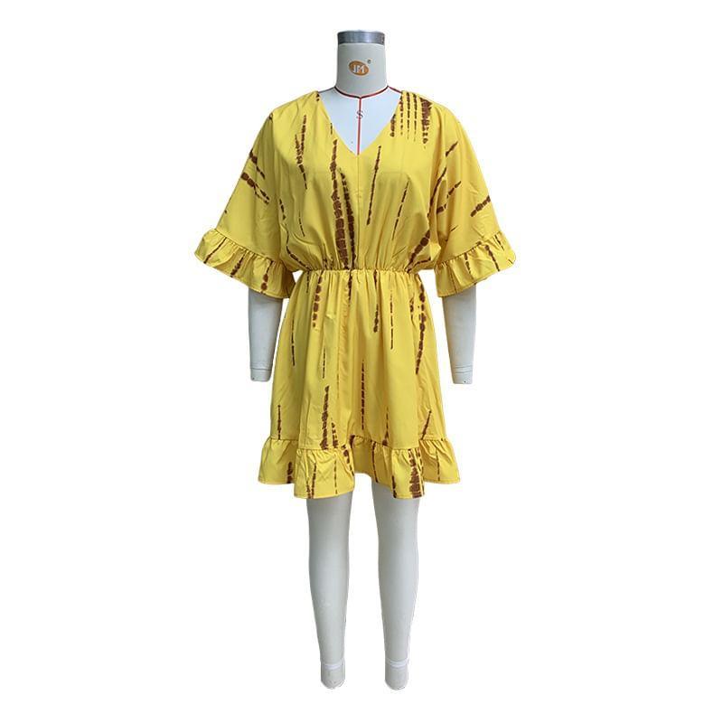 3/4-Sleeve V-Neck Print Mini Tunic Dress Product Image