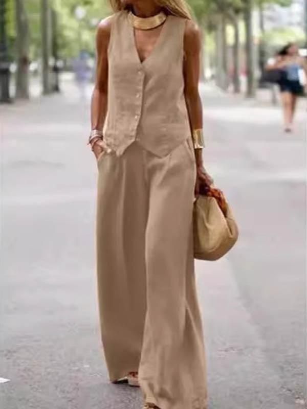 Plus Size Loose Solid Color Split-Joint V-Neck Vest + Elasticity Pants Two Pieces Set Product Image