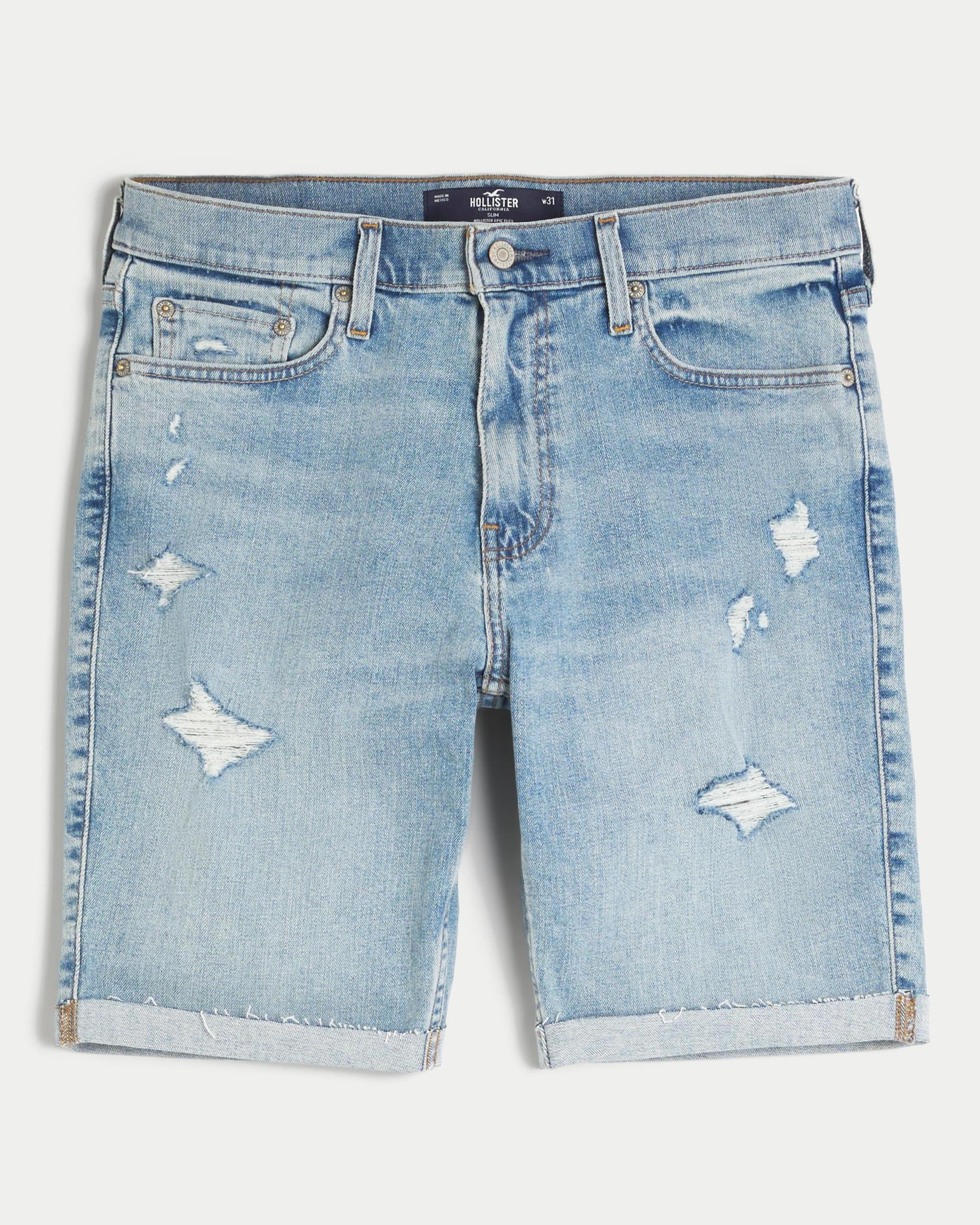 Ripped Medium Wash Slim Denim Shorts 9" Product Image