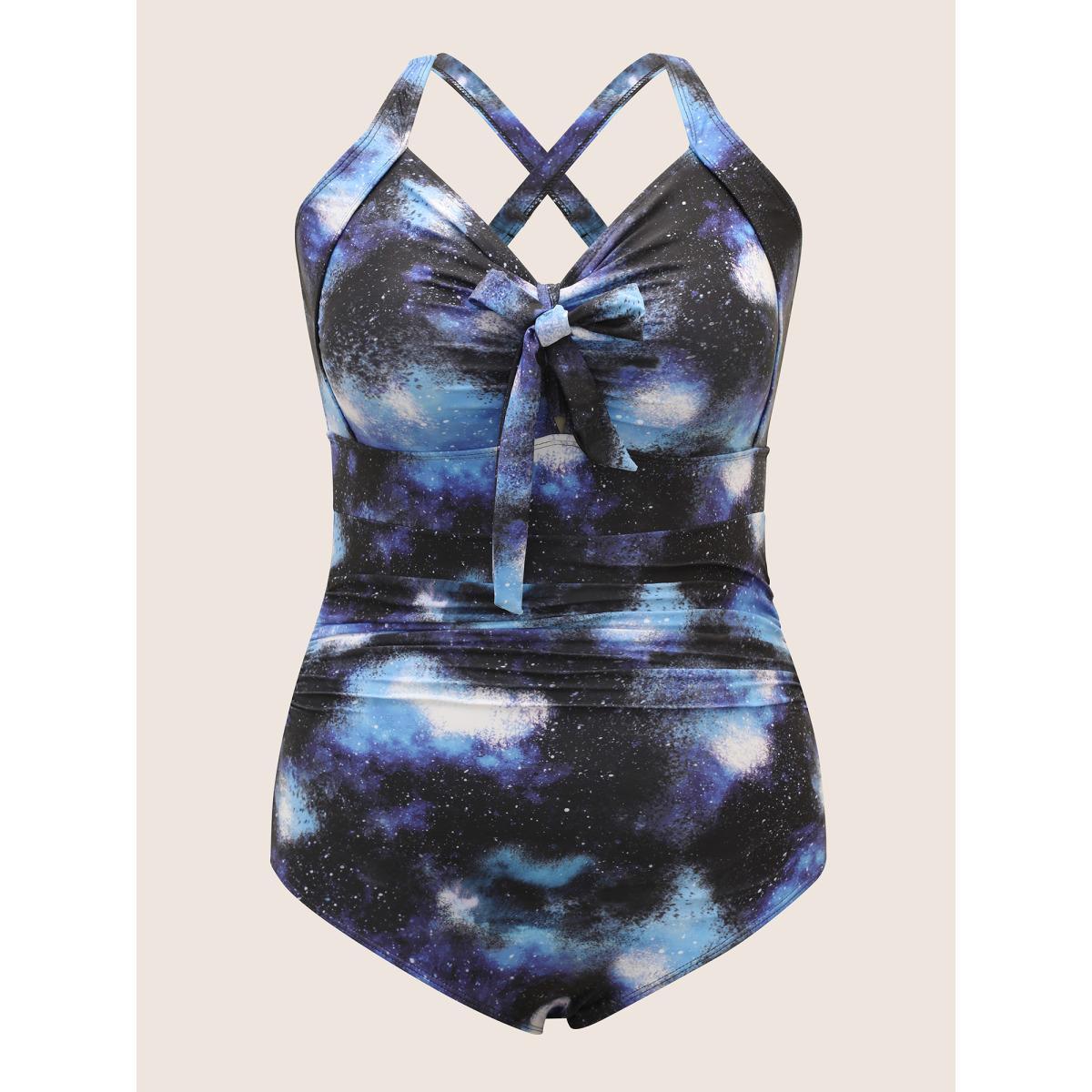 Plus Size Starry Sky Print Knotted Gathered One Piece Swimsuit Women's Swimwear Mediumblue Beach Gathered Curve Bathing Suits High stretch One Pieces BloomChic 22-24/3X Product Image