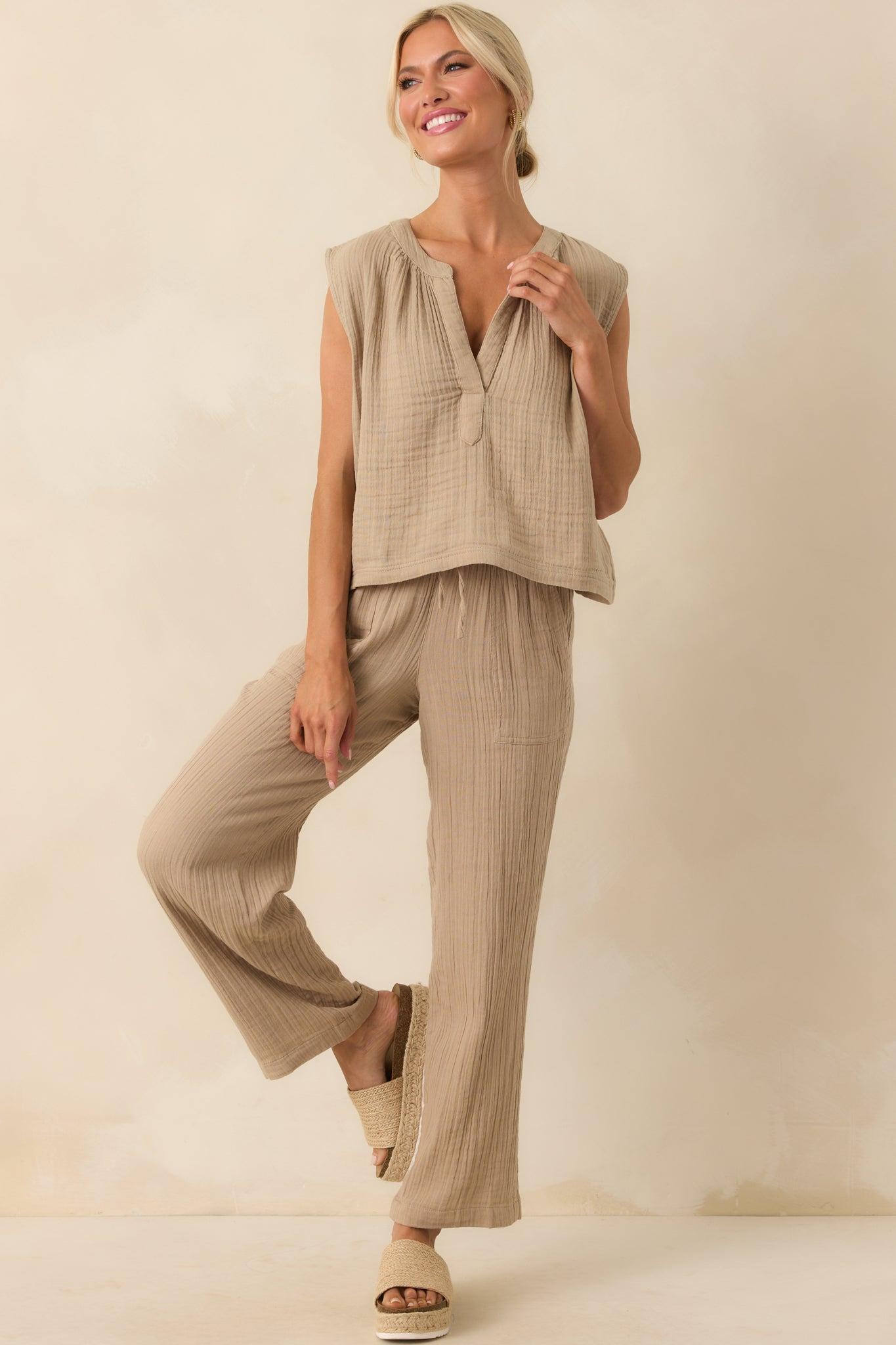 Z Supply Tan Cotton Cliffside V-Neck Airy Gauze Top Product Image