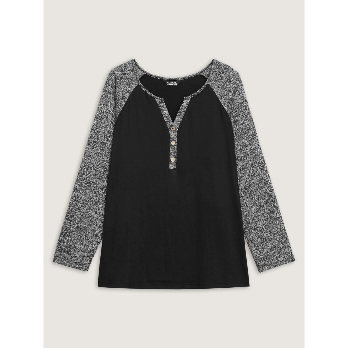Plus Size Heather Patchwork Button Detail Stretchy T-Shirt Black Women Casual Contrast Flat collar with V-notch Everyday T-shirts BloomChic 22-24/3X Product Image