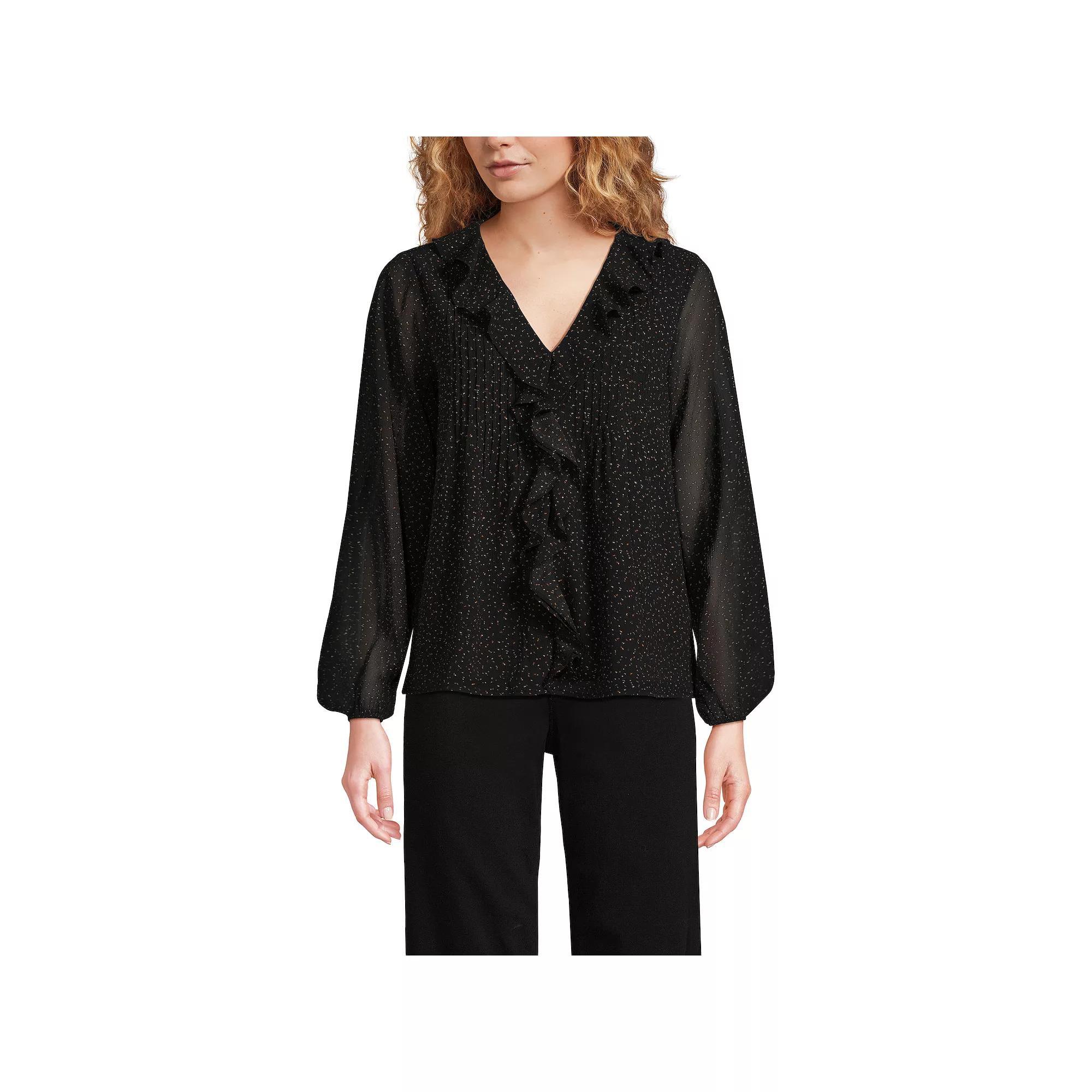 Women's Lands' End Chiffon Ruffle Front Pleated Blouse, Size: Large, Black Terrazzo Dot Product Image