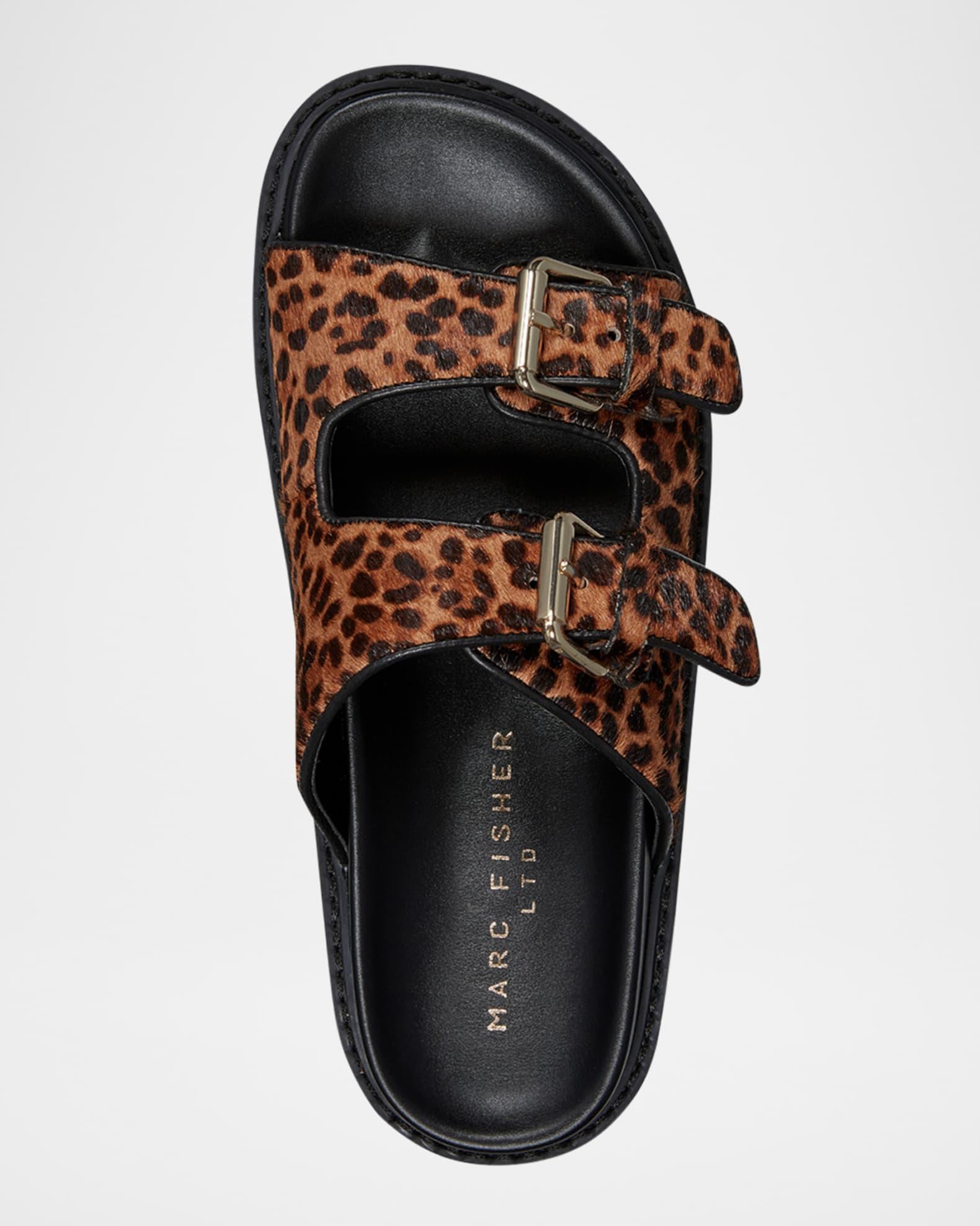 Agustaly Leopard Calf Hair Dual-Buckle Slide Sandals Product Image
