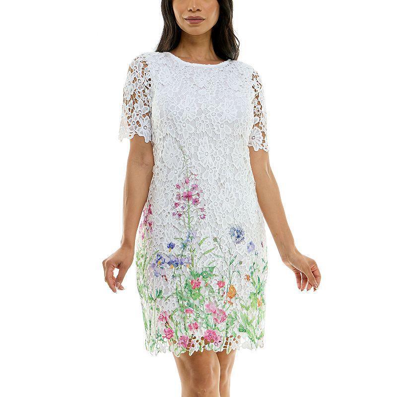 Womens Nina Leonard Floral Print Lace Trimmed Short Sleeve Mini Dress Product Image