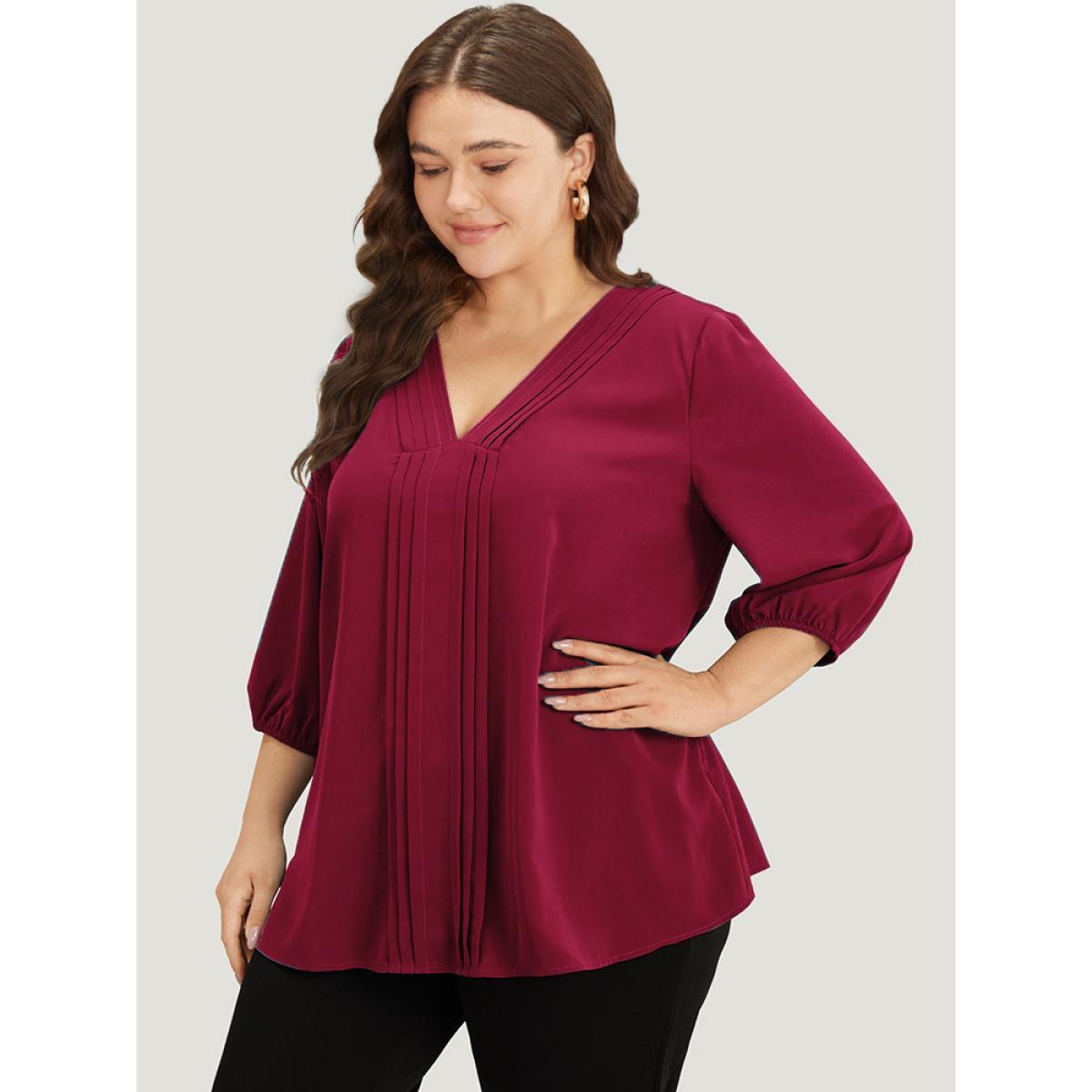 Plus Size Scarlet Plain Pleated Detail Elastic Cuffs V Neck Blouse Women Office Elbow-length sleeve V-neck Work Blouses BloomChic 28/5X Product Image