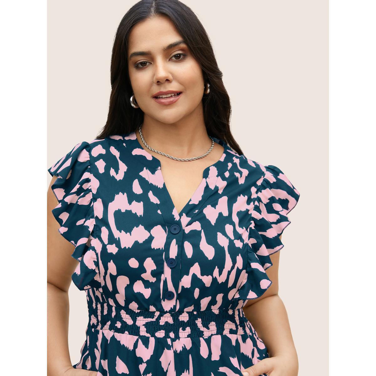 Plus Size Notched Leopard Print Cap Sleeve Ruffles Dress Aegean Women At the Office Notched collar Cap Sleeve Curvy BloomChic 18-20/2X Product Image
