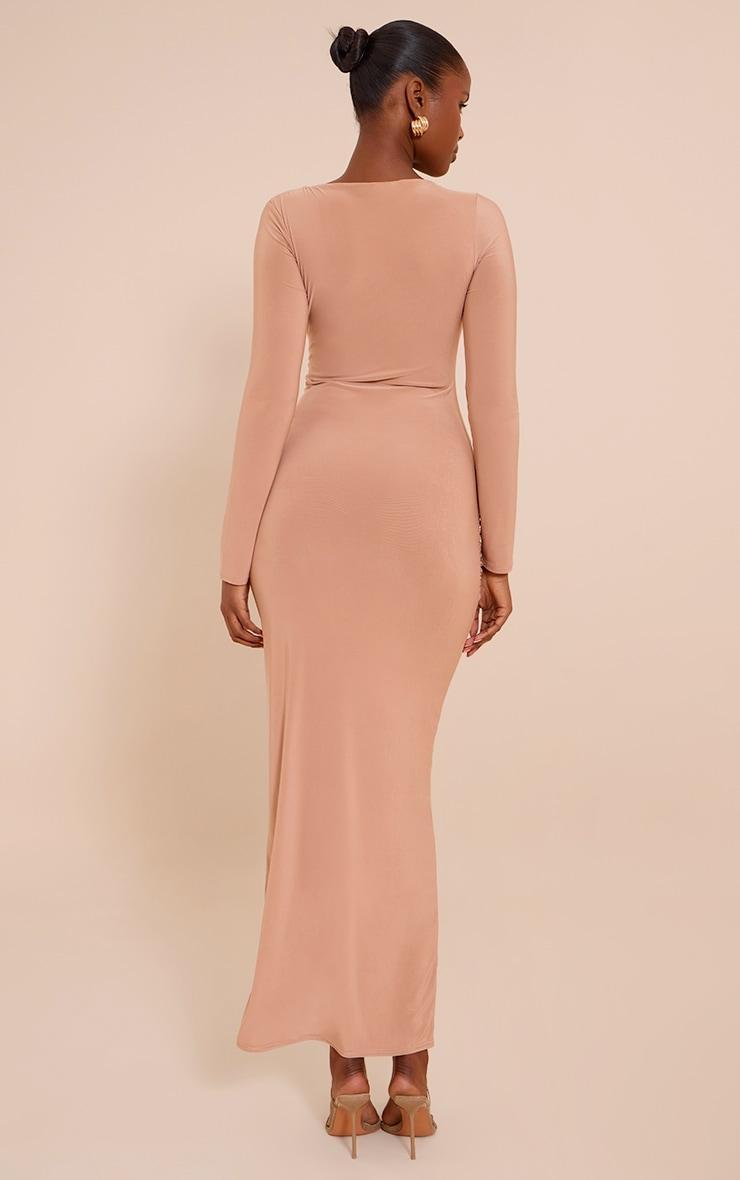 Beige Double Layer Slinky Cut Out Trim Detail Maxi Dress Product Image