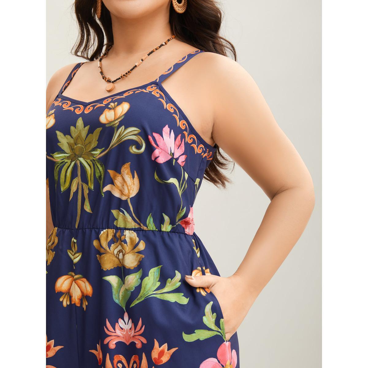 Plus Size DarkBlue Tropical Flowers Print Pockets Cami Jumpsuit Women Sleeveless V-neck Vacation Loose Jumpsuits BloomChic 10/M Product Image