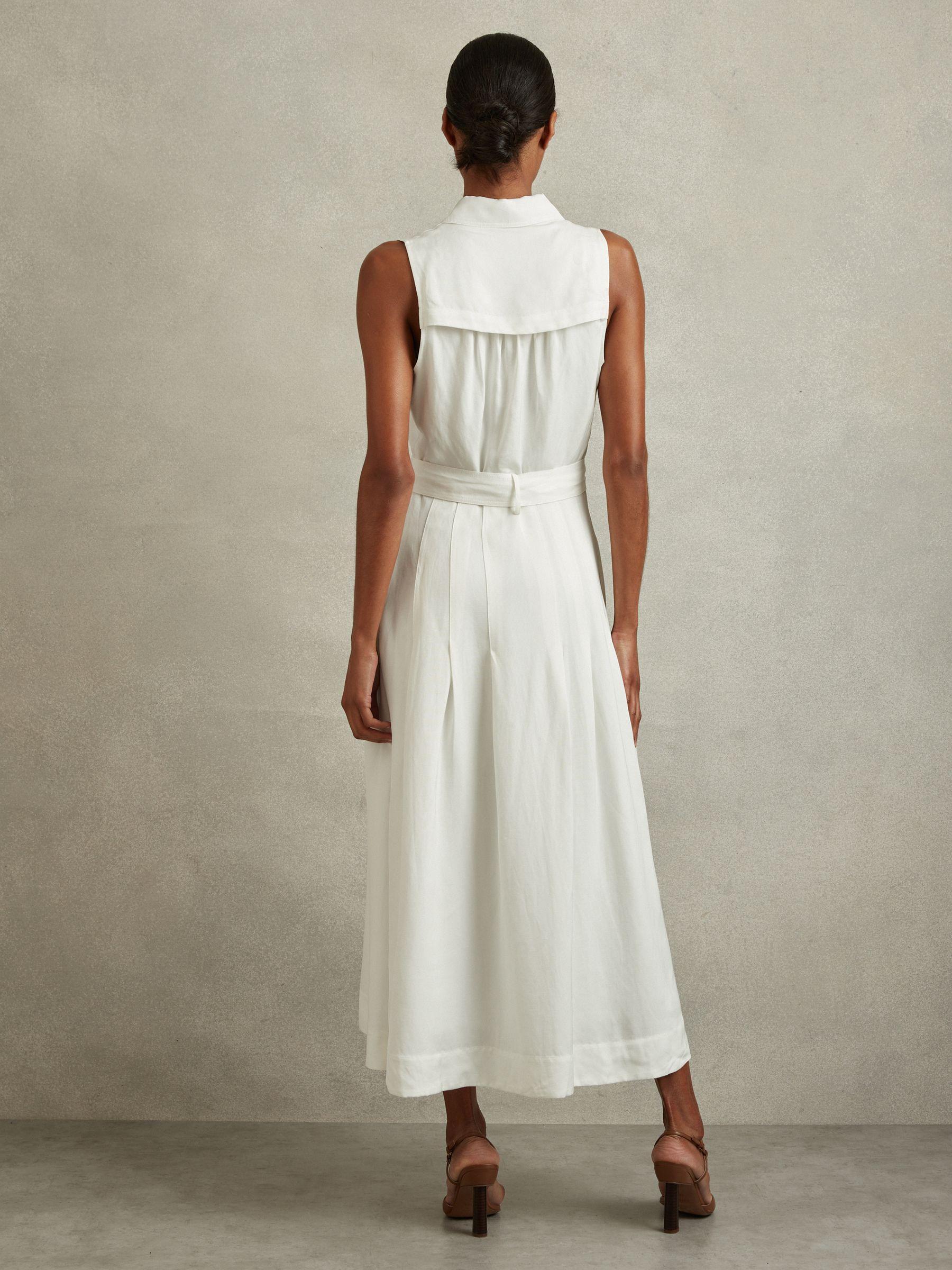 Petite Viscose-Linen Belted Midi Dress in White Product Image