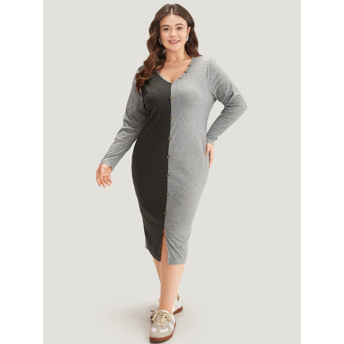 Plus Size Two Tone V Neck Button Detail Split Front Dress LightGray Women Casual Plain V-neck Half Sleeve Curvy Midi Dress BloomChic 18-20/2X Product Image