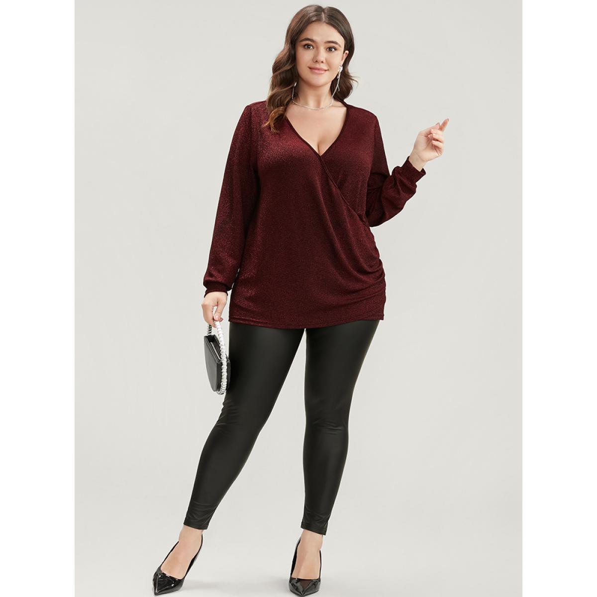 Plus Size Scarlet Solid Glitter Surplice Neck Blouse Women Elegant Long Sleeve Deep V-neck Dailywear Blouses BloomChic 30/6X Product Image