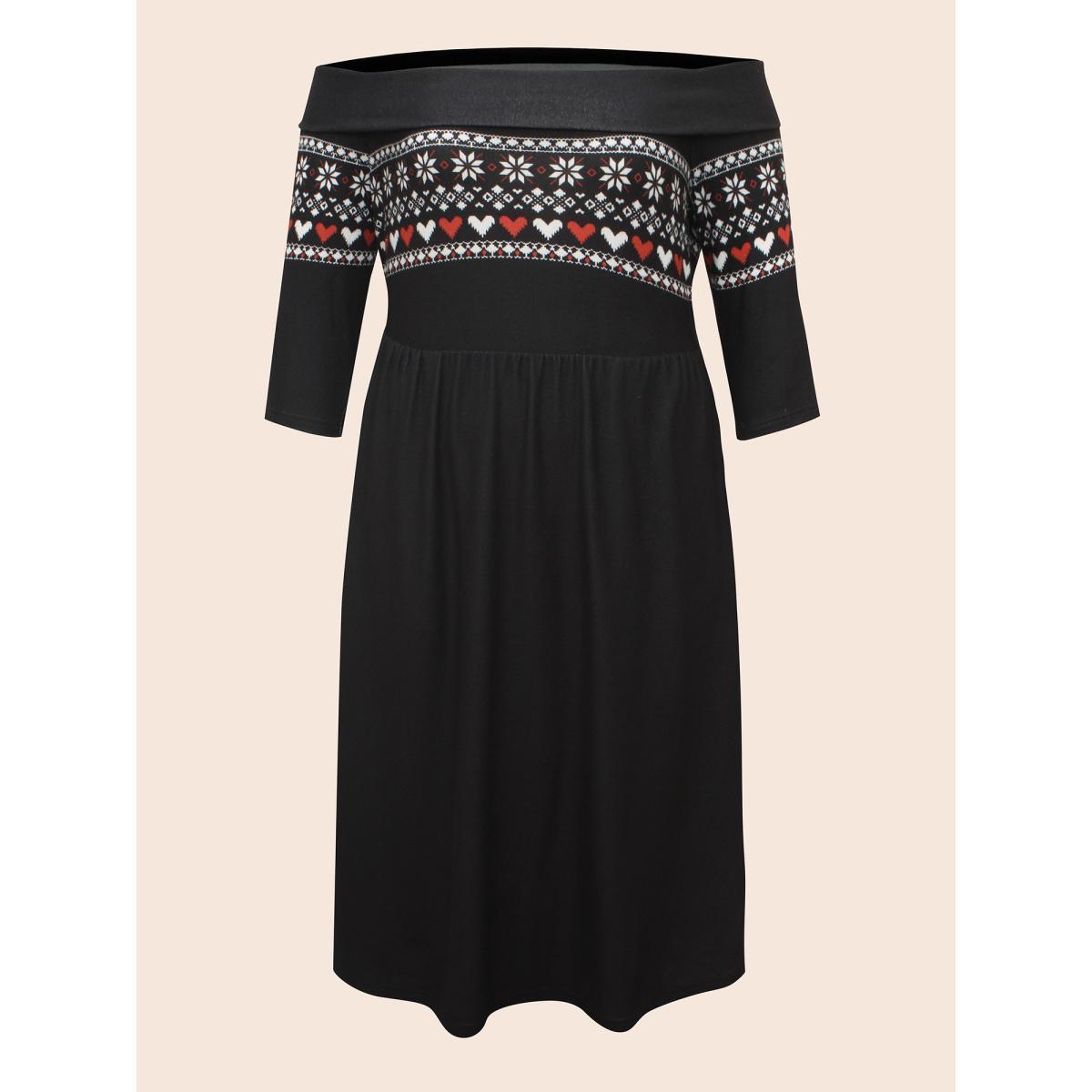 Plus Size Geometric Off Shoulder Neck Midi Dress Black Women Elegant Non One-shoulder neck Elbow-length sleeve Curvy BloomChic 14-16/1X Product Image