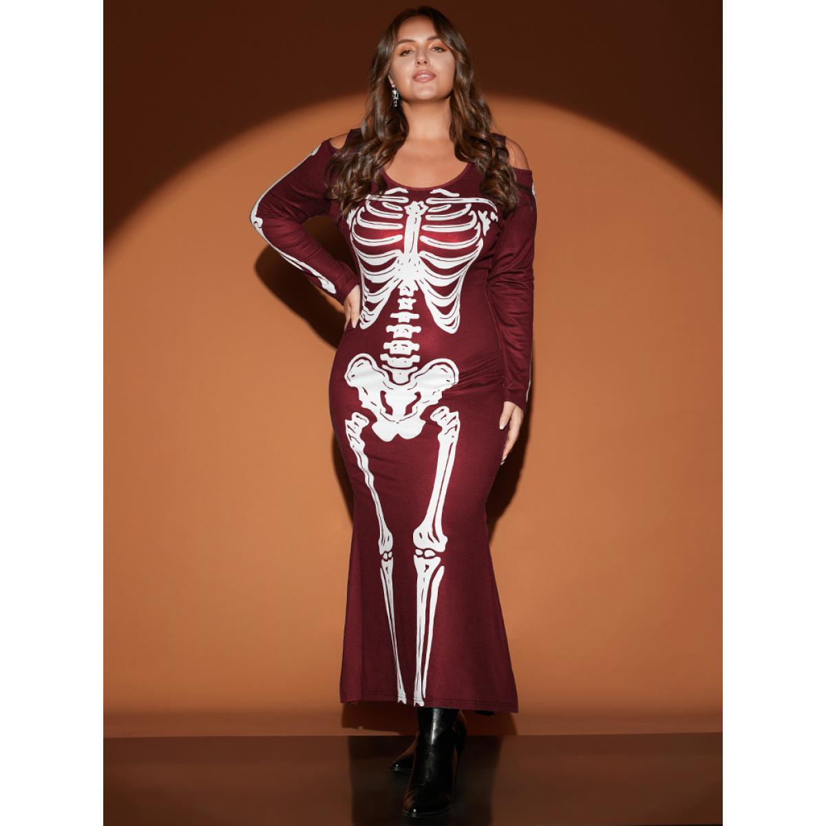 Plus Size Halloween Skeleton Print Cold Shoulder Split Hem Maxi Dress Burgundy Women Casual Printed Cold Shoulder Long Sleeve Curvy Long Dress BloomChic 18-20/2X Product Image