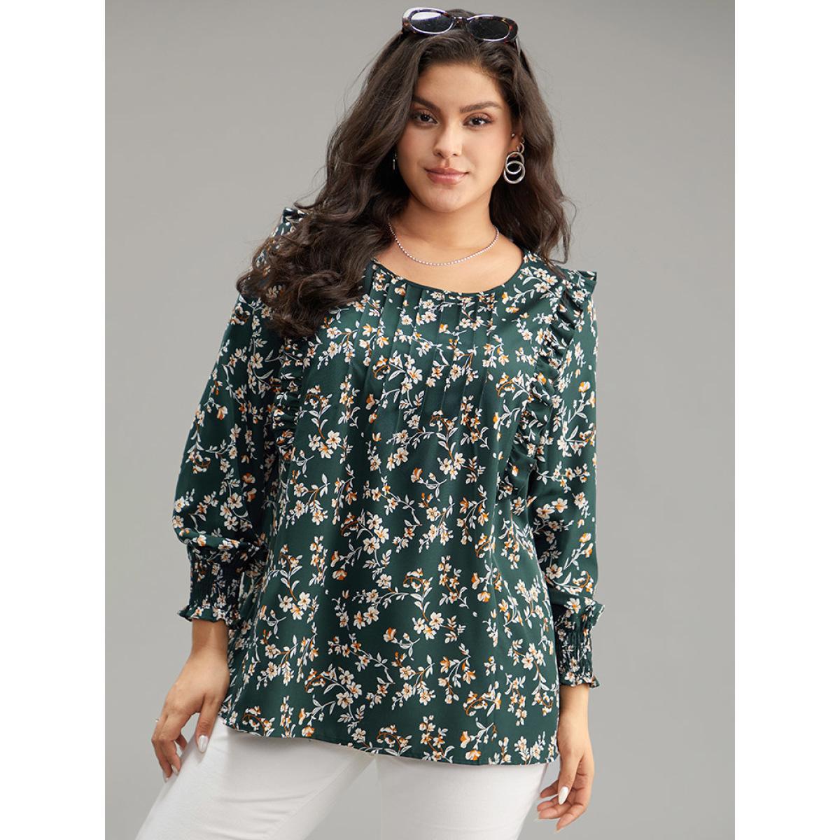 Plus Size DarkGreen Ditsy Floral Shirred Cuffs Frill Trim Blouse Women Elegant Long Sleeve Round Neck Dailywear Blouses BloomChic 18-20/2X Product Image