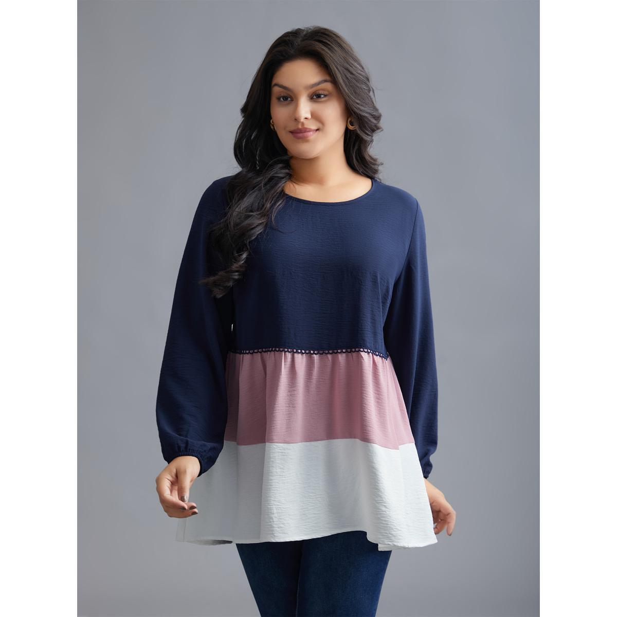 Plus Size Indigo Color Contrast High Low Hem Patchwork Blouse Women Elegant Extra Long Sleeve Round Neck Everyday Blouses BloomChic 28/5X Product Image