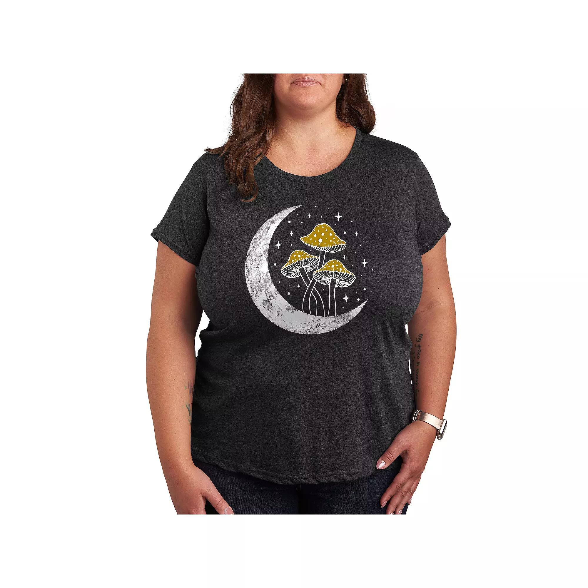Plus Crescent Moon With Mushrooms Graphic Tee, Womens Heather Grey Product Image