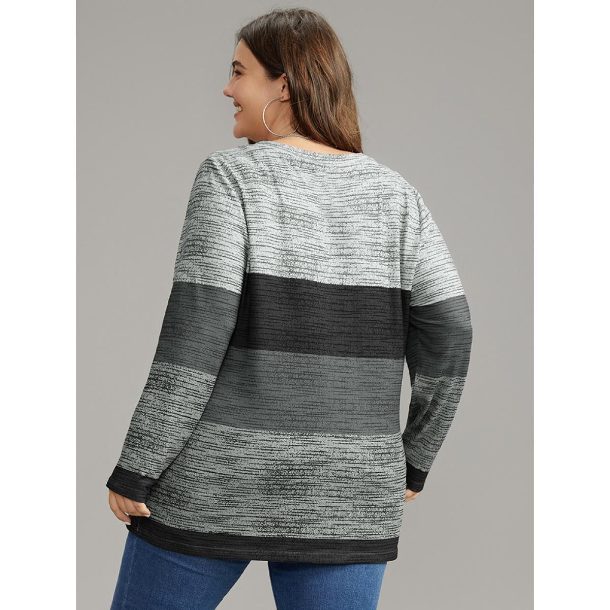Plus Size Striped Colorblock Contrast V Neck T-shirt Gray Women Casual Contrast Colorblock V-neck Everyday T-shirts BloomChic 22-24/3X Product Image