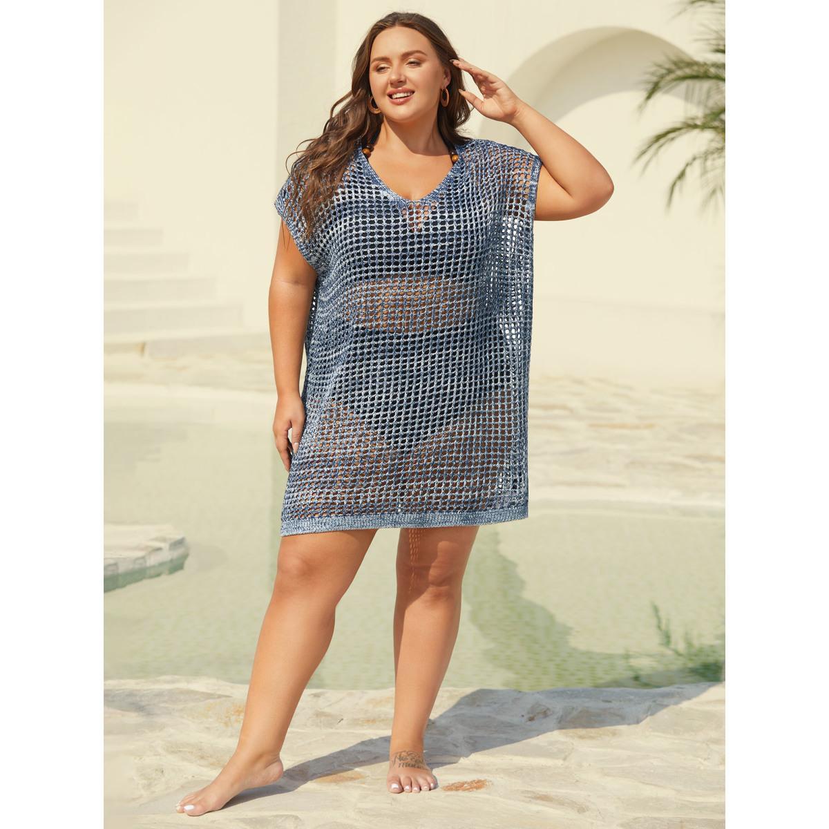 Plus Size Color Contrast Cut-Out Swim Cover-Up Women's Swimwear Indigo Beach Loose Texture Curve Swim Cover Ups BloomChic 26/4X Product Image