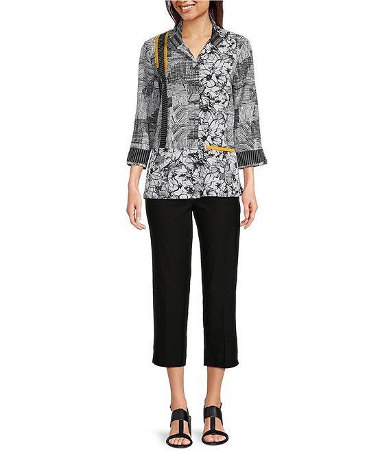 Ali Miles Petite Size Puckered Woven Floral Stripe Print Wire Collar 3/4 Sleeve Contrast Trim Button Front Tunic Product Image