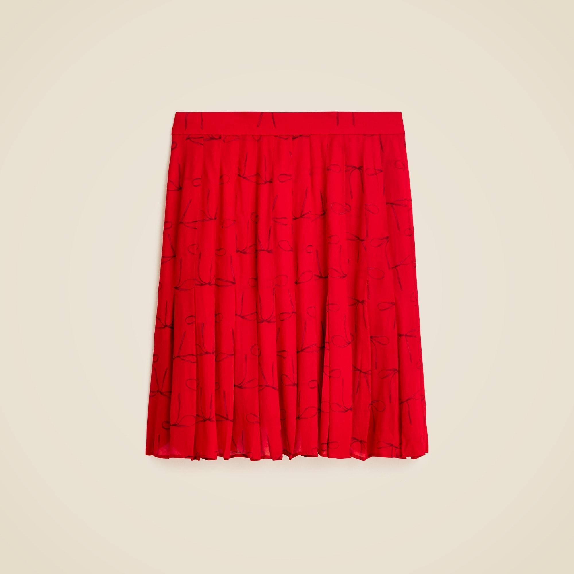 Pleated knee-length skirt in bow-print viscose chiffon Product Image