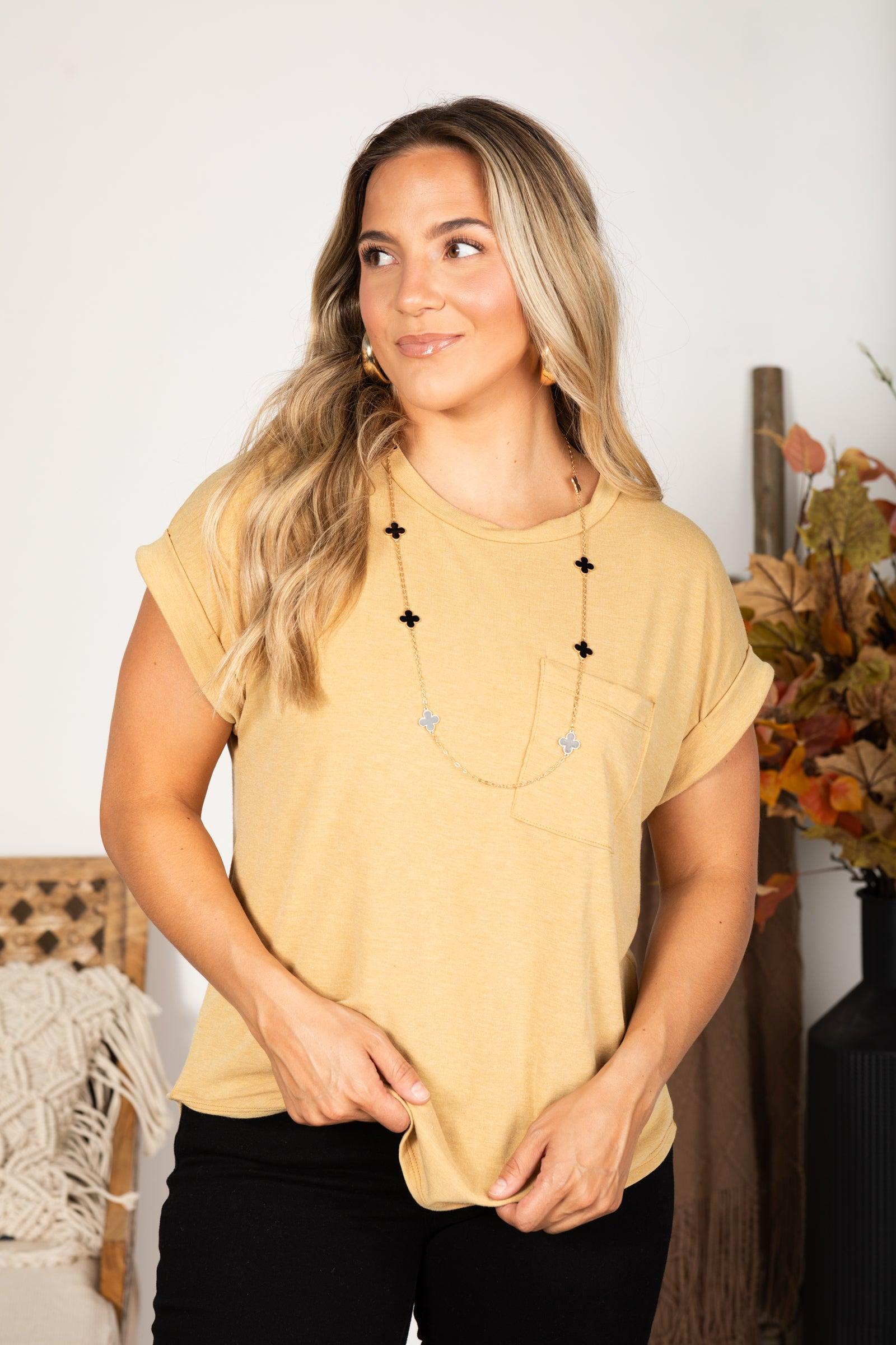 Knit Solid Pocket Folded Short Sleeve Top Product Image