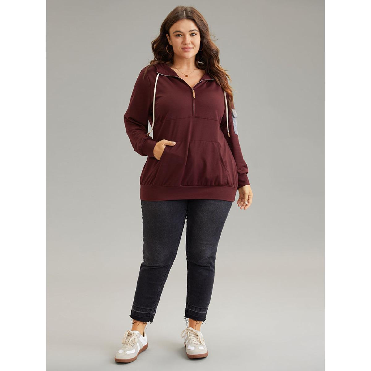 Plus Size Contrast Half Zip Patched Pocket Hooded Sweatshirt Women Burgundy Casual Contrast Hooded Dailywear Sweatshirts BloomChic 22-24/3X Product Image