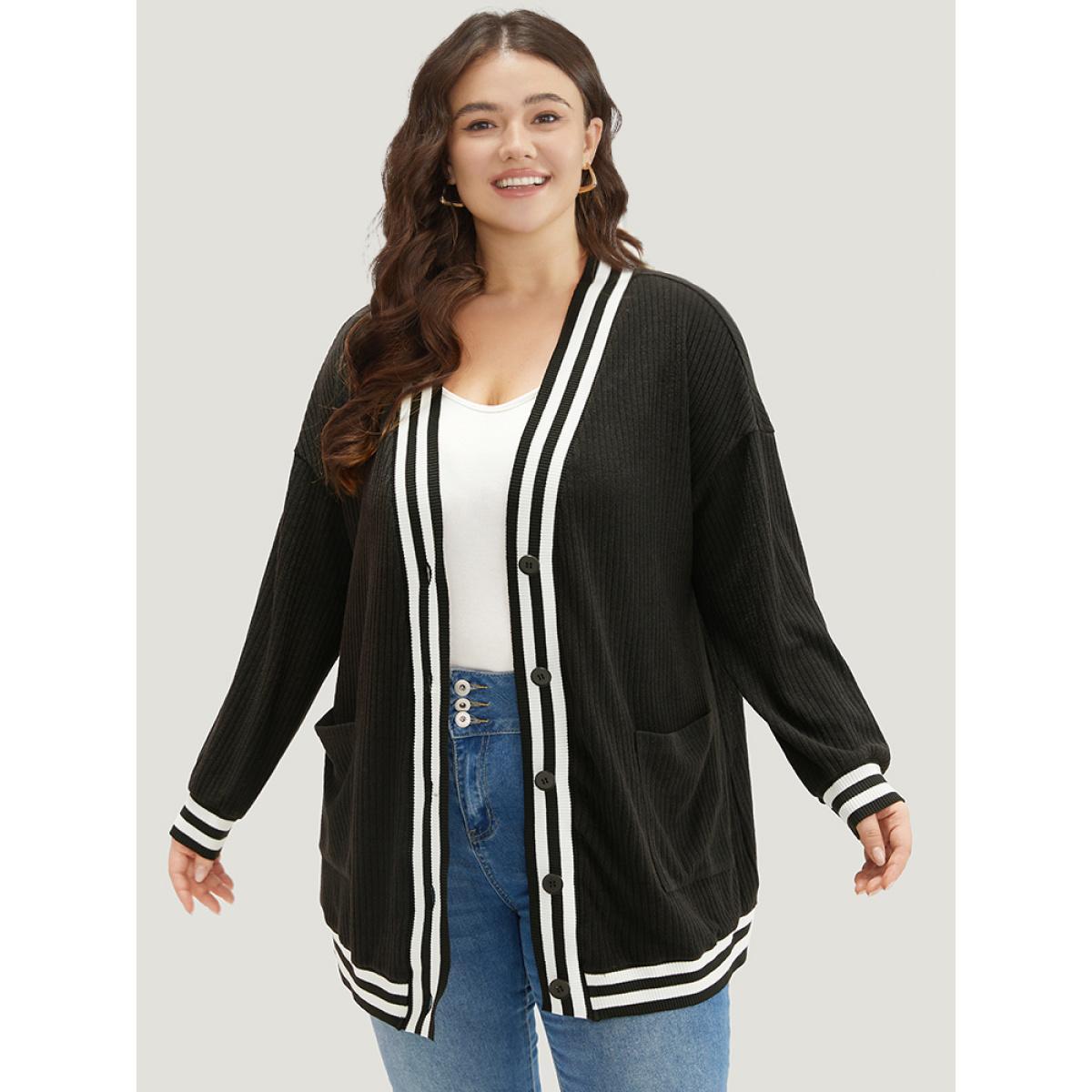 Plus Size Halloween Patchwork Striped Pocket Button Up Rib Knit Coat Women Black Casual Patchwork Ladies Dailywear Winter Coats BloomChic 30/6X Product Image