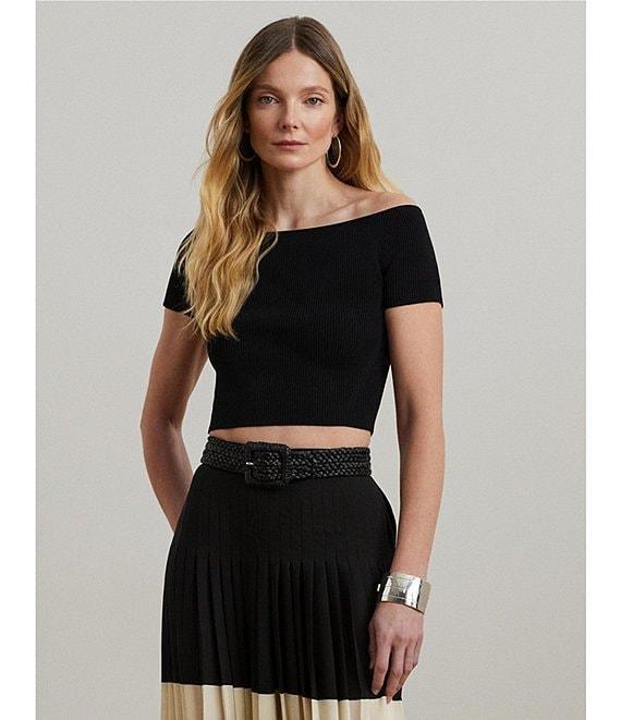 Lauren Ralph Lauren Knit Off-The-Shoulder Short Sleeve Cropped Sweater Product Image