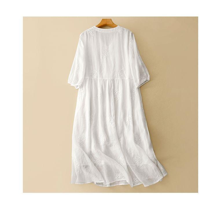 Elbow-Sleeve V-Neck Plain Embroidered Midi A-Line Dress Product Image