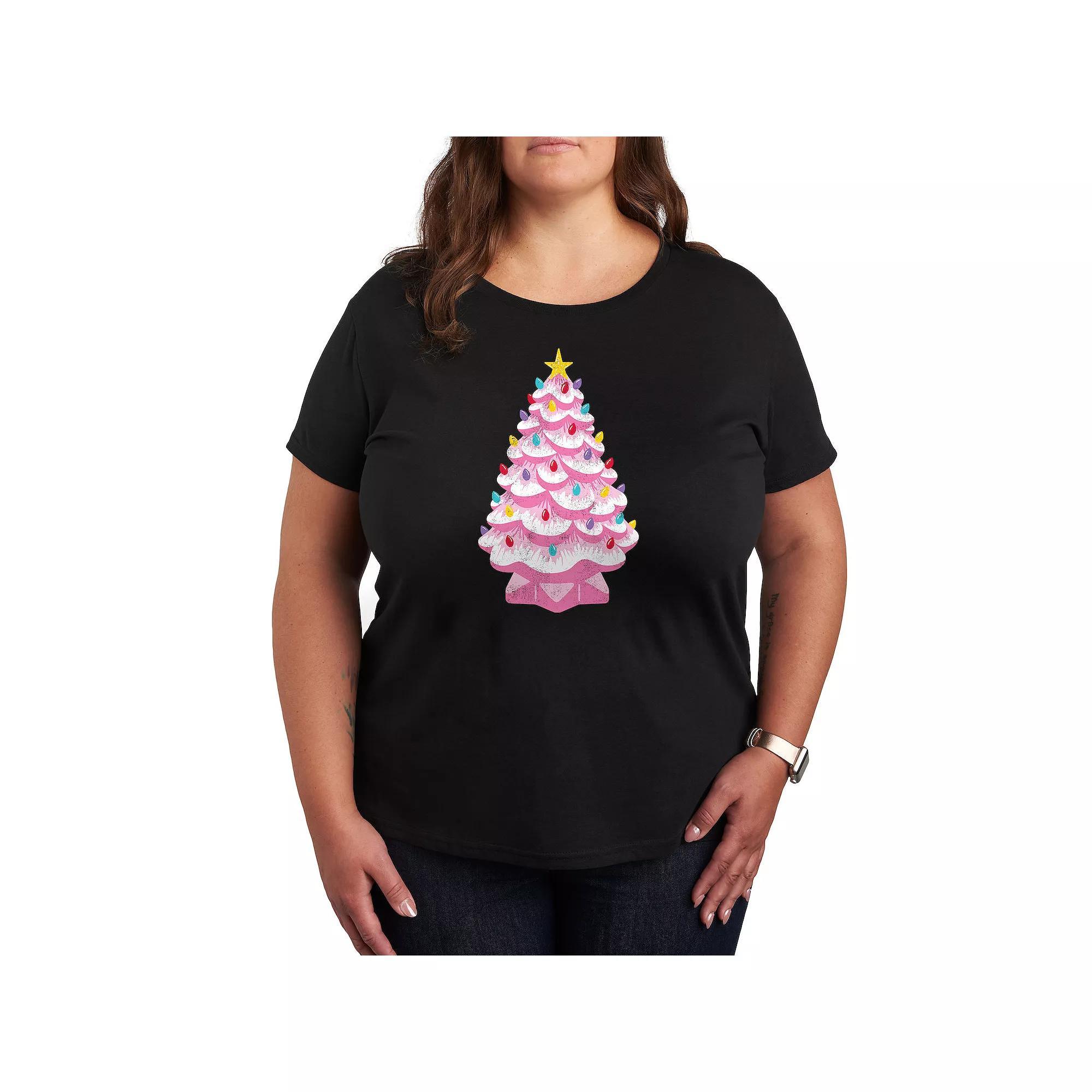Plus Retro Pink Christmas Tree Graphic Tee, Women's, Size: 3XL, Black Product Image