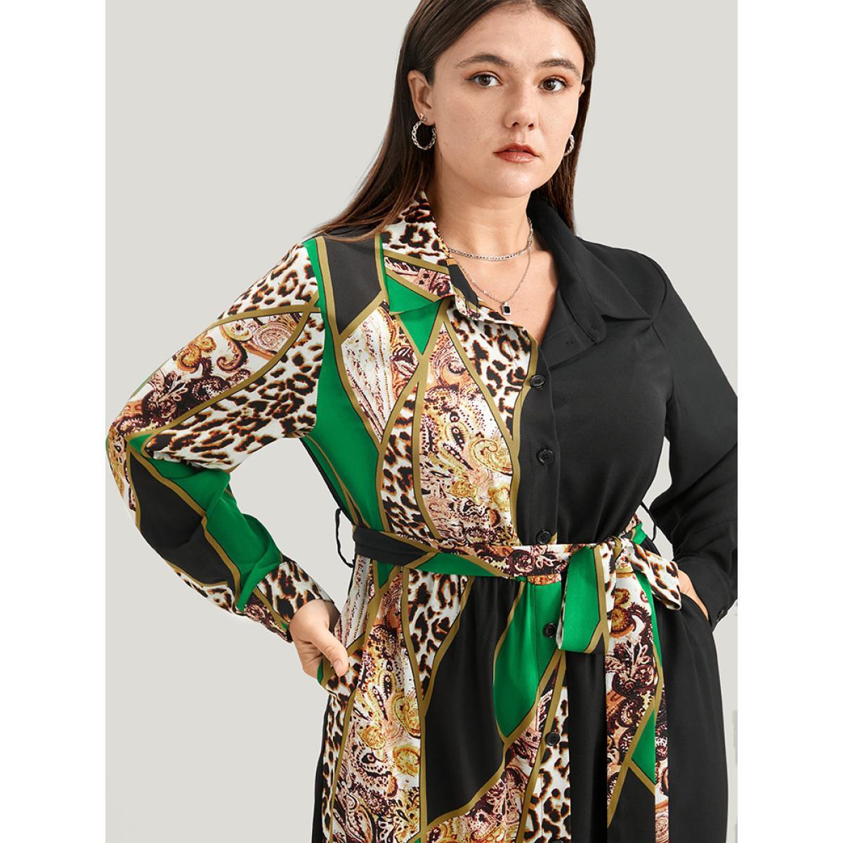 Plus Size Chain Print Shirt Collar Pocket Split Belted Button Up Dress Green Women Office Printed Shirt collar Curvy Midi Dress BloomChic 30/6X Product Image