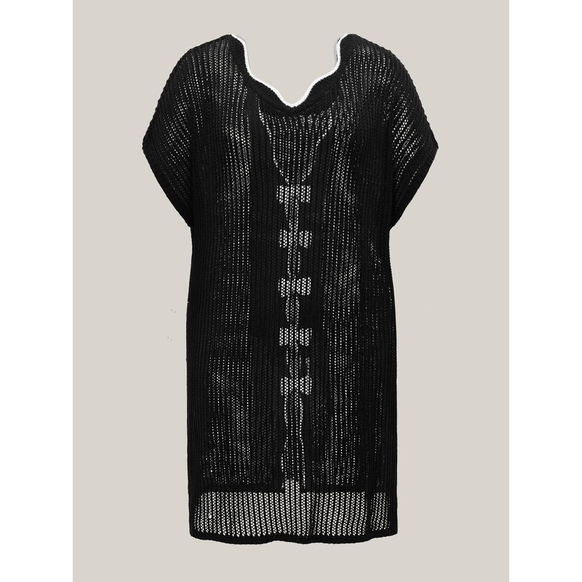 Plus Size Scalloped Neck Textured Bow Swim Cover Up Women's Swimwear Black Beach Loose Curve Swim Cover Ups BloomChic 14-16/1X Product Image